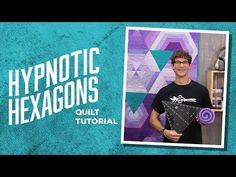 a man standing in front of a purple and blue background with the words hypnottic hexagons