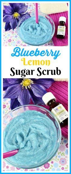 blueberry lemon sugar scrub in a glass bowl next to flowers and an empty bottle