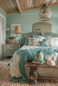 a bed room with a neatly made bed next to a table and two vases