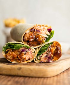 bbq chicken wraps stacked on top of each other