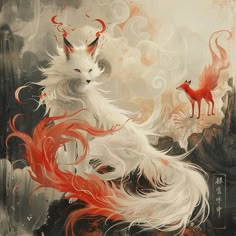 a painting of a white cat and red fox with long hair on it's back