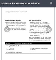 the instructions for how to use sunbeam food dehydraator dt580