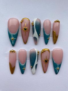 New Year Nails 2024, Blue Gold Nail Art, Holiday Nails Inspiration, Vintage Press On Nails, Press On Nails Gold, Sea Star Nails, Gold And Blue Nails, Late Fall Nails, Cruise Nail Ideas