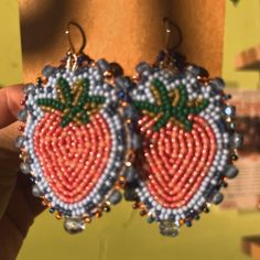 Size 11 seed beads with some beautiful glass beads for the edging. These strawberries shimmer and shine in the sunlight! On Sterling silver findings! Beaded Strawberry Earrings, Beaded Strawberry, Strawberry Earrings, Shimmer N Shine, Beading Ideas, Creative Thinking, Sterling Silber, Strawberries, Jewelry Earrings Dangle