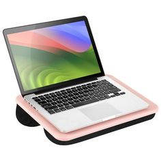 an open laptop computer sitting on top of a black stand with a pink and white cover