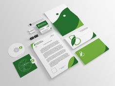 the stationery and business cards are designed to match the brand's green color scheme