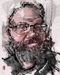 a drawing of a man with glasses and a beard, in black and red ink