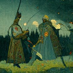 two men dressed in medieval clothing holding swords and standing next to each other on a hill