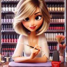 a cartoon character sitting at a desk with makeup and cosmetics in front of her face