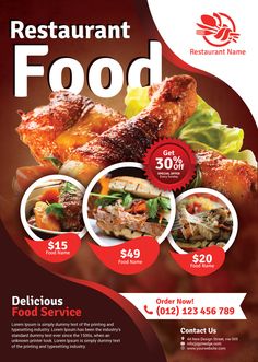 a restaurant food flyer is shown in red and white with an image of meats on it