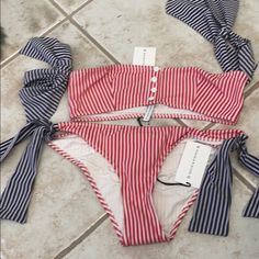 Solid And Striped Mckenzie Bikini Bathing Suit Medium Top And Bottom!! Red And White Abs Blue $200 Striped Fitted Tie-side Swimwear Bottom, 4th Of July Bathing Suits, Ted White, Blue Bathing Suit, Striped Bathing Suit, Ginger Women, Solid And Striped, Bathing Suit Bottoms, Nails Makeup