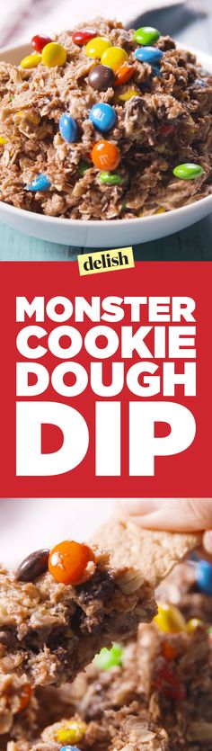 monster cookie dough dip with m & m candies on top and the words monster cookie dip above it