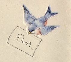 a drawing of a blue bird with the word dear written on it's back