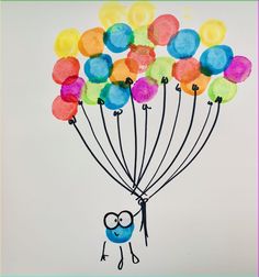 a drawing of a bunch of balloons being held by a person's hand in the air