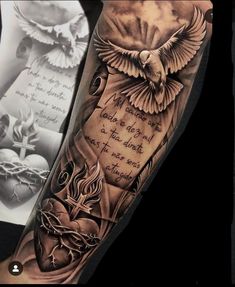 a tattoo with an owl on the arm and some words written in black ink above it