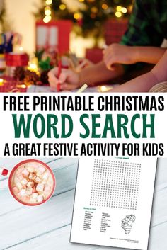 a christmas word search with the title free printable christmas word search and a cup of hot chocolate