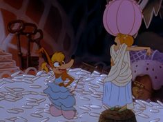 an animated image of a woman holding a balloon in front of other cartoon characters on a table