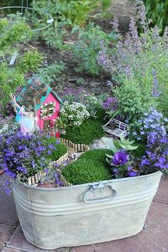 a bucket filled with lots of different types of plants