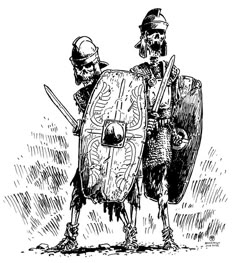 two men dressed in medieval clothing holding shields and swords, vintage line drawing or engraving illustration