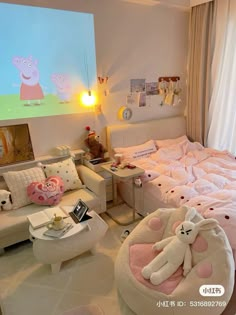 a bed room with a neatly made bed and two stuffed animals sitting on the pillows