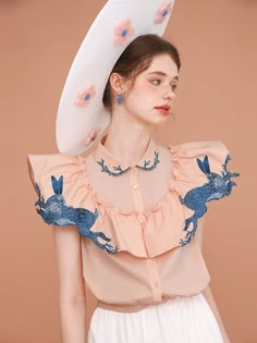 blue rabbit embroidery collar blouse – remulia Rabbit Embroidery, Embroidery Collar, Blue Rabbit, Collar Blouse, Mode Inspiration, Embroidered Blouse, Night Sky, Look Fashion