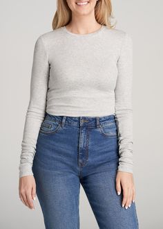 American-Tall-Women-Ribbed-LongSleeve-Tee-GreyMix-front Basic Gray Long Sleeve Top, Gray Long Sleeve Relaxed Fit Top, Grey Cotton Long Sleeve T-shirt, Gray Long Sleeve Breathable T-shirt, Soft-washed Gray Long Sleeve T-shirt, Long Sleeve Tees Women, High Rise Denim, Tall Women, Baggy Fits