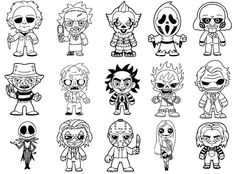 the cartoon characters are drawn in black and white, each with their own character's face