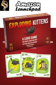 the card game exploding kittens is shown in front of a red box with four cards