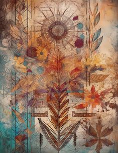 an artistic painting with leaves and flowers on it's side, in shades of blue, orange, yellow and brown