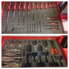 two red trays filled with tools and wrenches