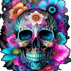 a colorful skull with flowers on it's head