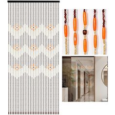 an orange and white room divider with wooden beads hanging from it's sides