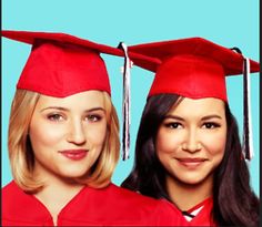 two women in graduation caps and gowns posing for the camera with their heads turned to look like they are smiling