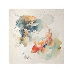 two koi fish swimming in the water on a white background with bubbles and splashes