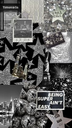 black and white collage with silver glitters, new york cityscape, and stars