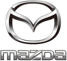 the mazda logo is shown in black and white, with silver letters on it's side