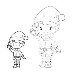 connect the dots to draw christmas elf and santa claus with his hand on his hip