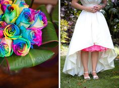 the bride is wearing a white dress and holding a bouquet of colorful roses in her hand