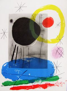 an abstract painting with black, red, yellow and blue circles on it's surface