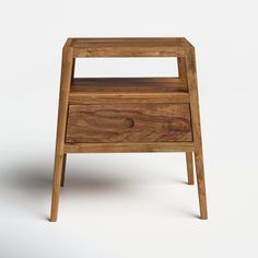 an end table made out of wood with one drawer open