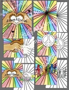 four different pictures with the words peace and love on them, all in rainbow colors