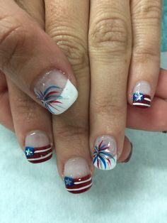 Patriotic-Memorial day/4th if July flag & firework gel nails. All done with non-toxic and odorless gel. Memorial Nails Designs, Memorial Nails, July Gel Nails, 4th Of July Gel Nails, Memorial Day Nails, July 4th Nails, Manicure Shellac, 4th Nails, Patriotic Nail