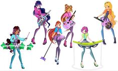 four cartoon girls with guitars and music instruments in their hands, all wearing different outfits