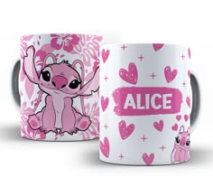 two coffee mugs with pink and white designs on them, one has an image of a baby elephant