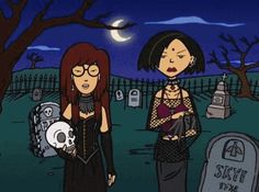 two women standing next to each other in front of a cemetery at night with the caption 378 likes