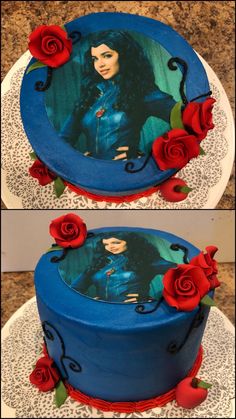 two pictures of a blue cake with red roses on top and the same photo of a woman's face