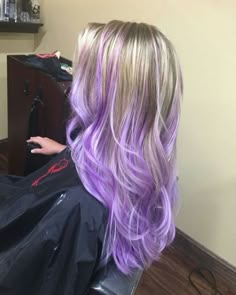 Bold Underneath Hair Color Ideas You’ll Love Blonde Purple Peekaboo, Purple Hair And Blonde, White Hair With Purple Tips, Purple Highlights Blonde Hair Straight, Purple Hair With Layers, Blonde With Coloured Highlights, Purple Ends Hair Blonde, Purple Hair Dye Ideas For Blondes, Blonde Hair With Purple Ends