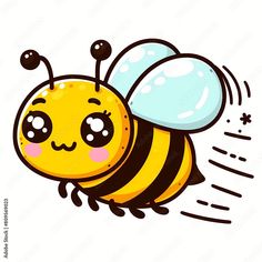 a cute little bee flying through the air with it's wings spread out and eyes wide open