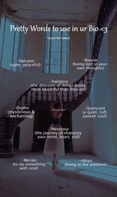 a woman standing in front of a spiral staircase with words above her and below it