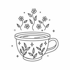 a coffee cup with flowers coming out of the top and stars around it, on a white background